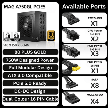 MSI 750W A750GL 80+ Gold PCIE5.0 Power Supply