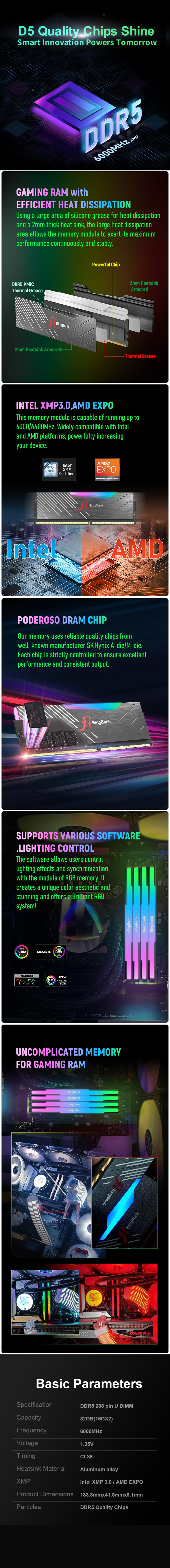 KingBank KRRB DDR5 RGB 32GB(2x16GB) CL36 UDIMM RAM-Black - Detail Image