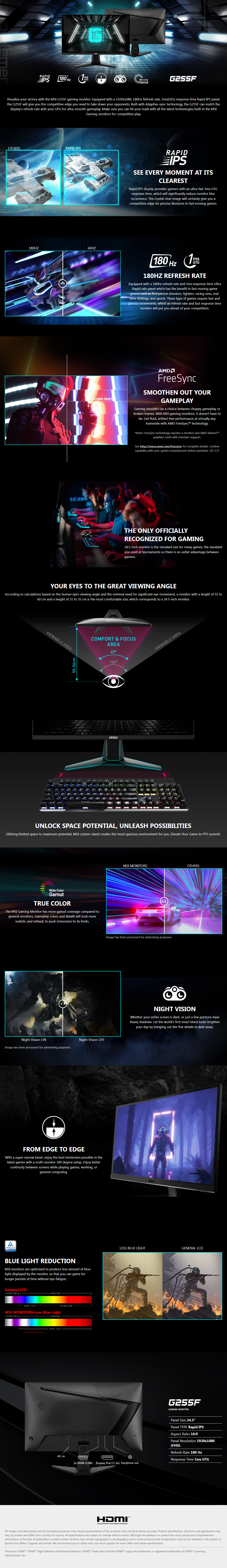 MSI MAG G255F 24.5inch 180Hz FHD Rapid IPS Gaming Monitor - Detail Image